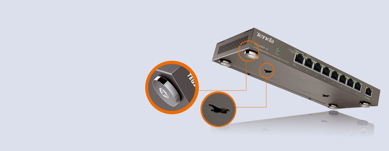  Bottom view of the Tenda TEG1009P-EI Switch, highlighting mounting hole and stands 